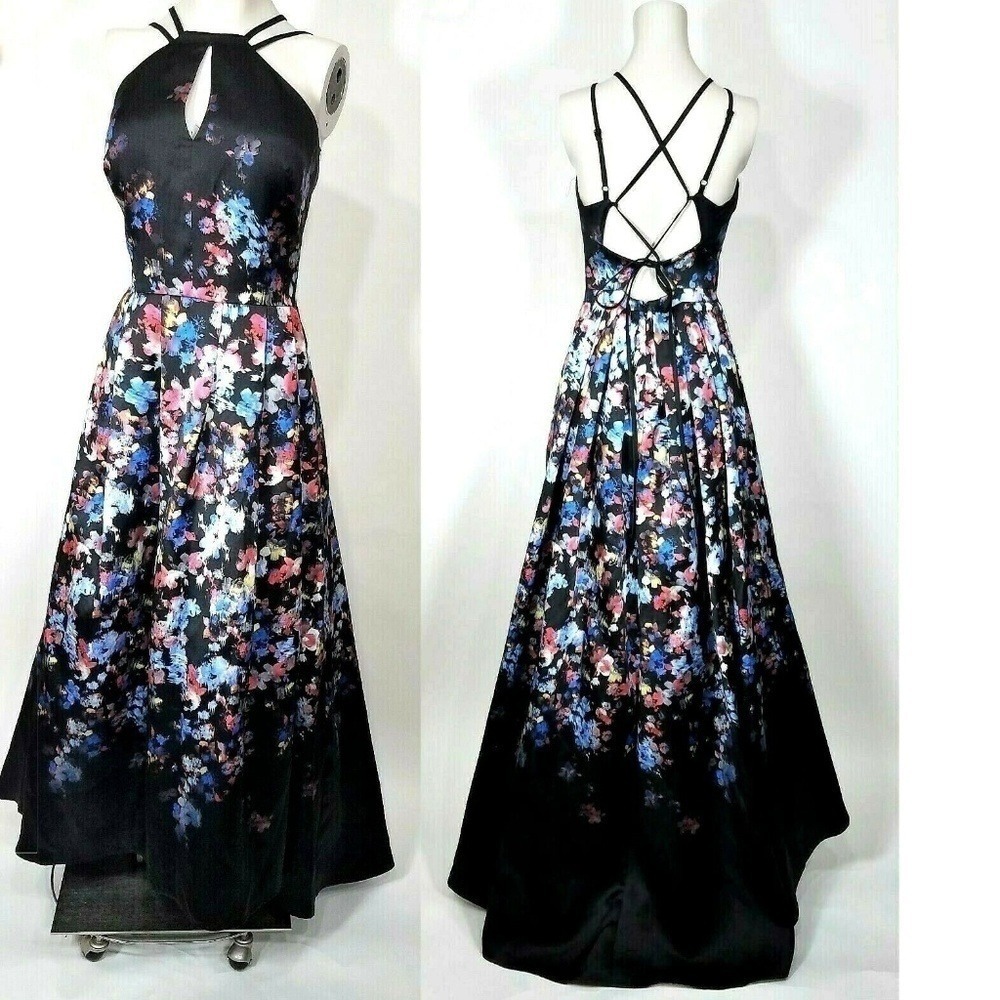 Camille La Vie Abstract Floral Formal Gown Stunning Floral Lace Up back 5/6 EUC!